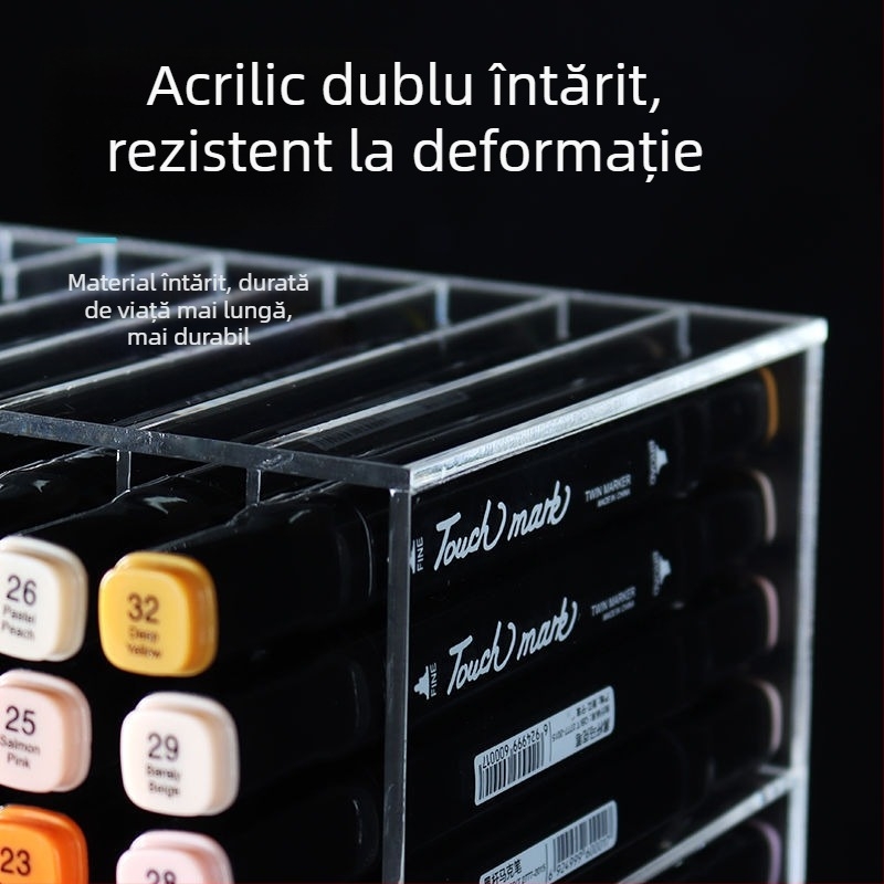 Suport din acrilic pentru pixuri și cutie de depozitare – corp transparent, compartimente pătrate pentru carioci și pixuri; Model 1; Imprimare logo: Disponibilă; Fără personalizare