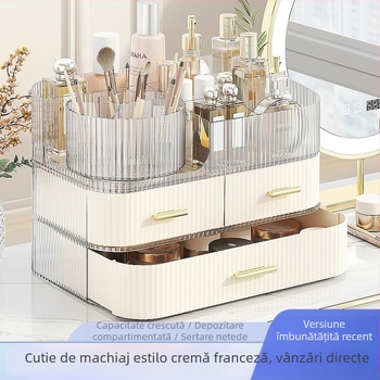 Cutie de depozitare pentru cosmetice, tip sertar, blat transparent, organizator rotativ pentru pixuri, compartimente stratificate, plastic PET+ABS, 5 L capacitate, protecție împotriva prafului, posibil de stivuit, logo disponibil