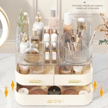 Cutie de depozitare pentru cosmetice, tip sertar, blat transparent, organizator rotativ pentru pixuri, compartimente stratificate, plastic PET+ABS, 5 L capacitate, protecție împotriva prafului, posibil de stivuit, logo disponibil