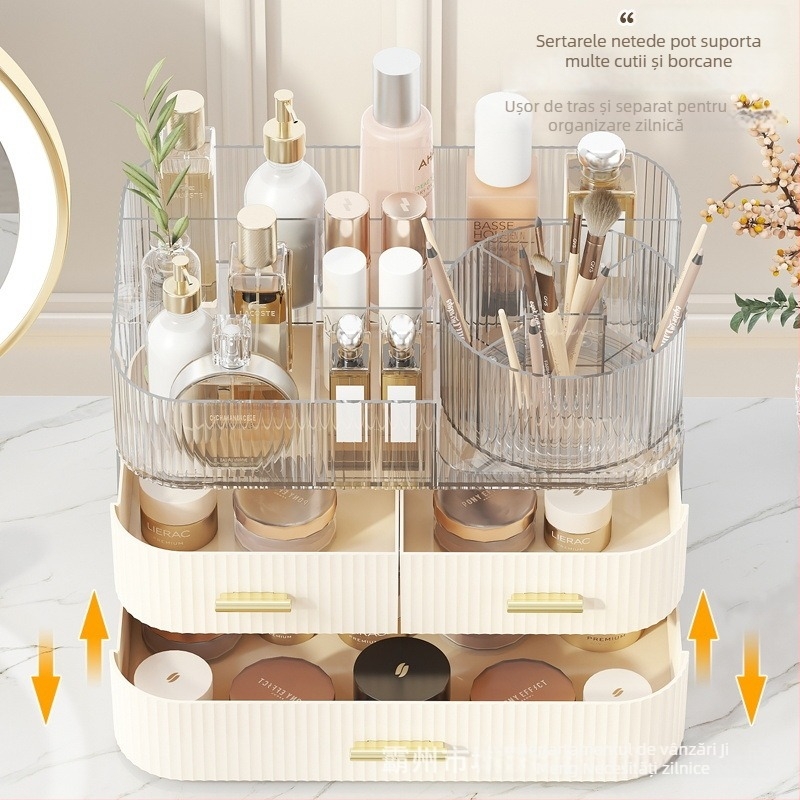 Cutie de depozitare pentru cosmetice, tip sertar, blat transparent, organizator rotativ pentru pixuri, compartimente stratificate, plastic PET+ABS, 5 L capacitate, protecție împotriva prafului, posibil de stivuit, logo disponibil