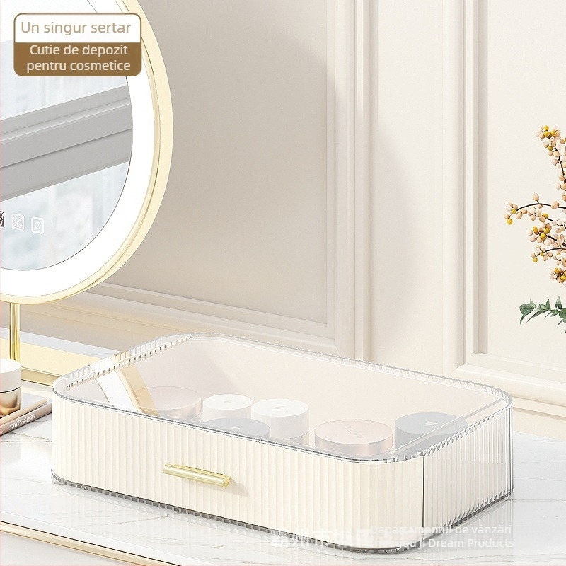 Cutie de depozitare pentru cosmetice, tip sertar, blat transparent, organizator rotativ pentru pixuri, compartimente stratificate, plastic PET+ABS, 5 L capacitate, protecție împotriva prafului, posibil de stivuit, logo disponibil