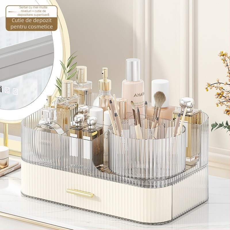 Cutie de depozitare pentru cosmetice, tip sertar, blat transparent, organizator rotativ pentru pixuri, compartimente stratificate, plastic PET+ABS, 5 L capacitate, protecție împotriva prafului, posibil de stivuit, logo disponibil