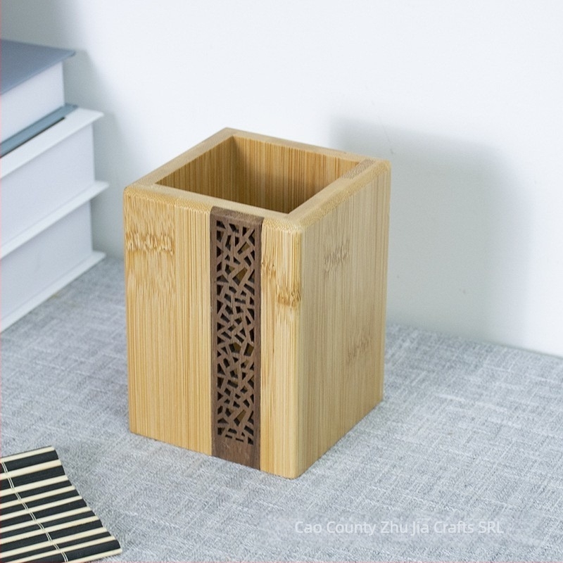 Suport pentru pixuri din lemn de nuc, pătrat, fără capac, stil modern minimalist; capacitate 10; imprimare logo disponibil