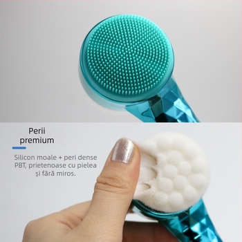 Perie de curățare facială cu mâner electroplacat și peri moi din silicon – dublă față, cu suport, pentru curățarea porilor și demachiere, neelectrificată, fără vibrații, potrivită pentru toate tipurile de ten
