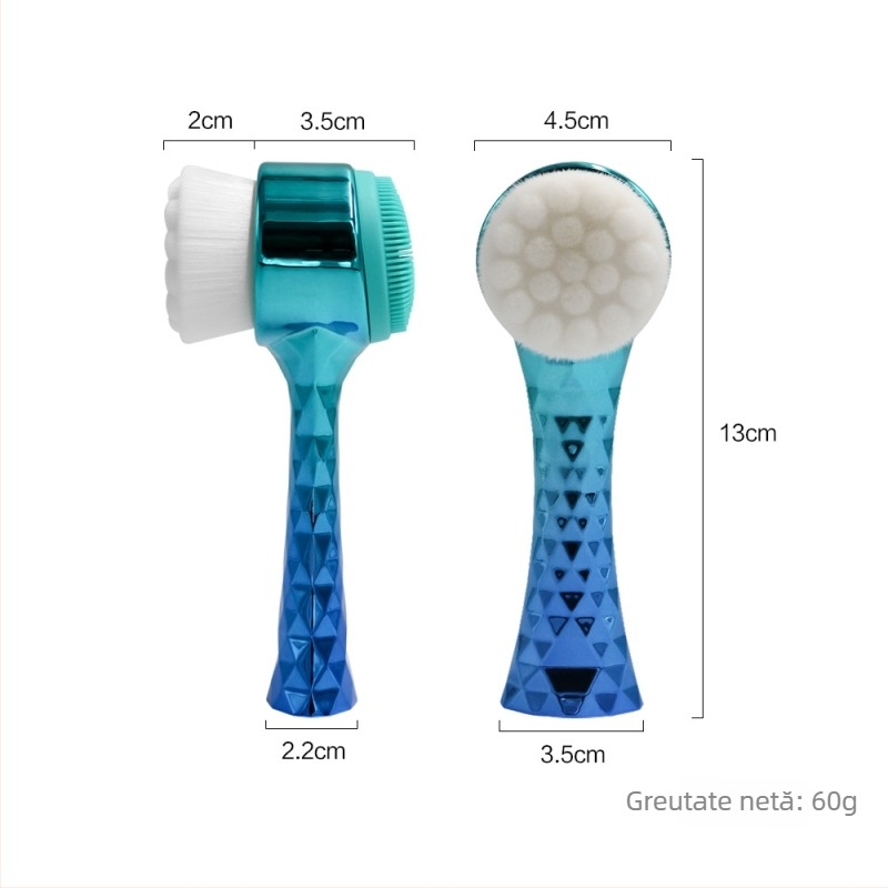 Perie de curățare facială cu mâner electroplacat și peri moi din silicon – dublă față, cu suport, pentru curățarea porilor și demachiere, neelectrificată, fără vibrații, potrivită pentru toate tipurile de ten