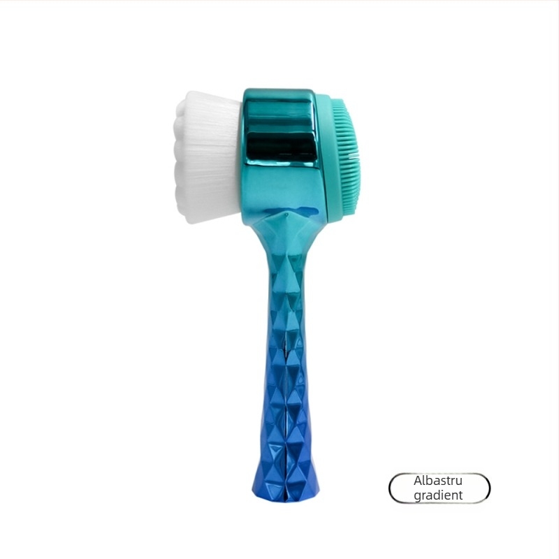 Perie de curățare facială cu mâner electroplacat și peri moi din silicon – dublă față, cu suport, pentru curățarea porilor și demachiere, neelectrificată, fără vibrații, potrivită pentru toate tipurile de ten