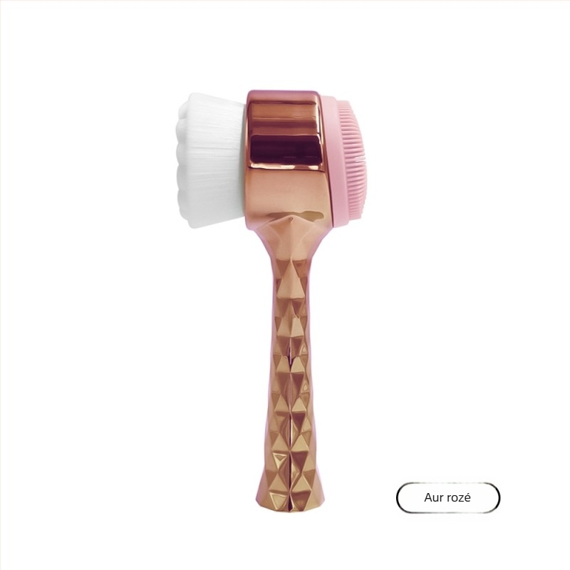 Perie de curățare facială cu mâner electroplacat și peri moi din silicon – dublă față, cu suport, pentru curățarea porilor și demachiere, neelectrificată, fără vibrații, potrivită pentru toate tipurile de ten