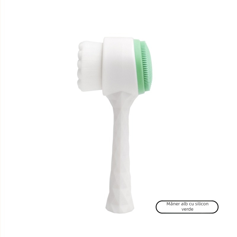 Perie de curățare facială cu mâner electroplacat și peri moi din silicon – dublă față, cu suport, pentru curățarea porilor și demachiere, neelectrificată, fără vibrații, potrivită pentru toate tipurile de ten