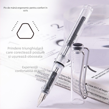 Stilou transparent cu carcasă din plastic, vârf din oțel inoxidabil, EF, sistem de alimentare cu cerneală: sac/absorbant, model: stilou transparent