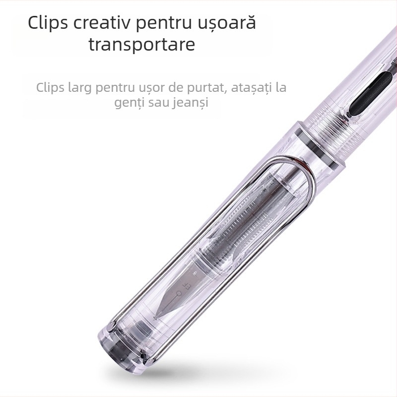 Stilou transparent cu carcasă din plastic, vârf din oțel inoxidabil, EF, sistem de alimentare cu cerneală: sac/absorbant, model: stilou transparent