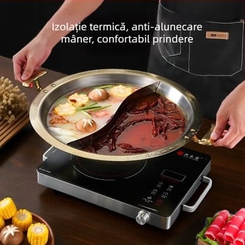 Oală din oțel inoxidabil pentru hot pot, uz restaurant, compatibilă cu plitele cu inducție, fund multistrat din material compozit, capacitate 2,1–10 L, greutate aproximativă 2 kg