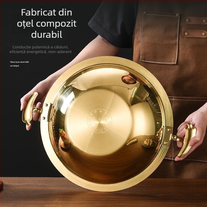 Oală din oțel inoxidabil pentru hot pot, uz restaurant, compatibilă cu plitele cu inducție, fund multistrat din material compozit, capacitate 2,1–10 L, greutate aproximativă 2 kg