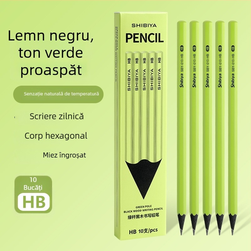 Creion din lemn negru Shibia, corp verde, HB, pentru clasa întâi, sigur și atrăgător
