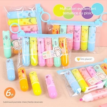 Marcator de evidențiere cu design de pisică, corp din plastic, vârf înclinat, 6 bucăți pe pachet, model Cat highlighter-028