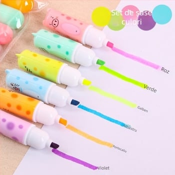 Marcator de evidențiere cu design de pisică, corp din plastic, vârf înclinat, 6 bucăți pe pachet, model Cat highlighter-028