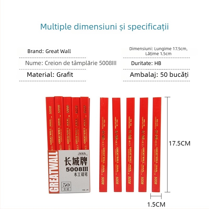 Creion de tâmplărie Great Wall 5008, corp hexagonal plat, grafit negru gros, reîncărcare roșie, instrument de marcare pentru proiectare