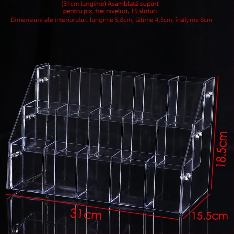 Suport pentru pixuri din sticlă organică, model 02, configurații cu 4 compartimente / 8 compartimente / 12 compartimente