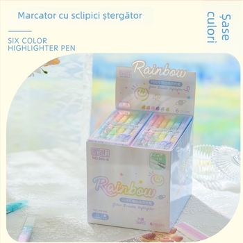 Marker de evidențiere șters cu sclipici pentru elevi - vârf dublu, model 985, corp din plastic, ambalaj 6 unități pe rând