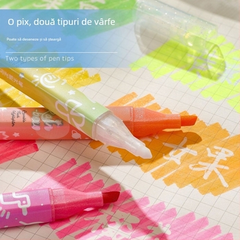 Marker de evidențiere șters cu sclipici pentru elevi - vârf dublu, model 985, corp din plastic, ambalaj 6 unități pe rând