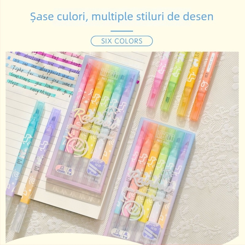 Marker de evidențiere șters cu sclipici pentru elevi - vârf dublu, model 985, corp din plastic, ambalaj 6 unități pe rând