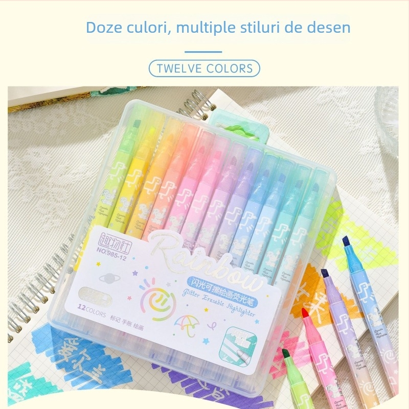 Marker de evidențiere șters cu sclipici pentru elevi - vârf dublu, model 985, corp din plastic, ambalaj 6 unități pe rând