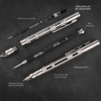 Creion activ din aliaj de titan, tip bolt, cu stilou pentru semnătură, model T10