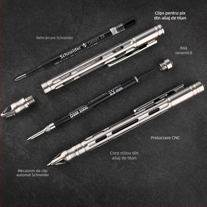 Creion activ din aliaj de titan, tip bolt, cu stilou pentru semnătură, model T10