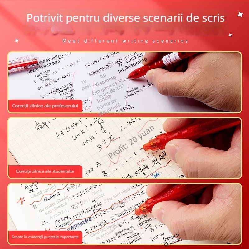 Set de pixuri gel pentru profesori, vârfuri din oțel inoxidabil, mecanism de apăsare, corp din plastic, destinat corectării temelor