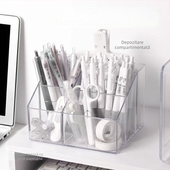 Organizator transparent cu mai multe compartimente pentru birou – din plastic, pentru pixuri și depozitare pentru rechizite și pensule de machiaj