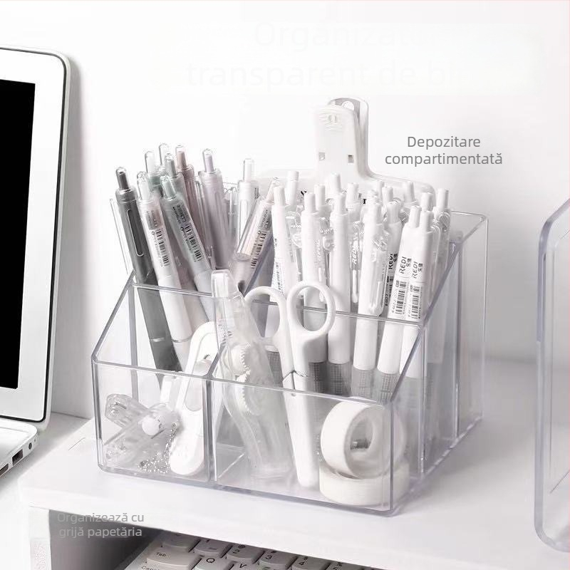 Organizator transparent cu mai multe compartimente pentru birou – din plastic, pentru pixuri și depozitare pentru rechizite și pensule de machiaj