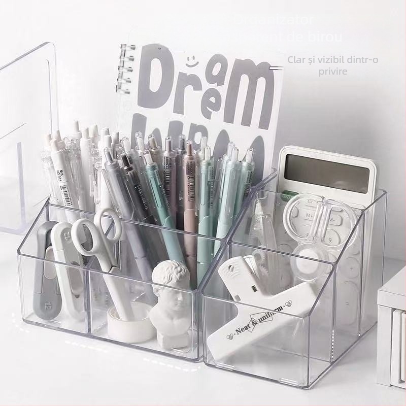 Organizator transparent cu mai multe compartimente pentru birou – din plastic, pentru pixuri și depozitare pentru rechizite și pensule de machiaj