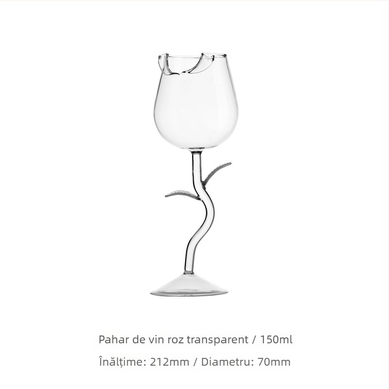 Set de pahare de vin din sticlă, în stil INS, cu motiv de trandafir și imprimare a siglei.