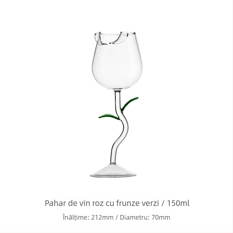 Set de pahare de vin din sticlă, în stil INS, cu motiv de trandafir și imprimare a siglei.