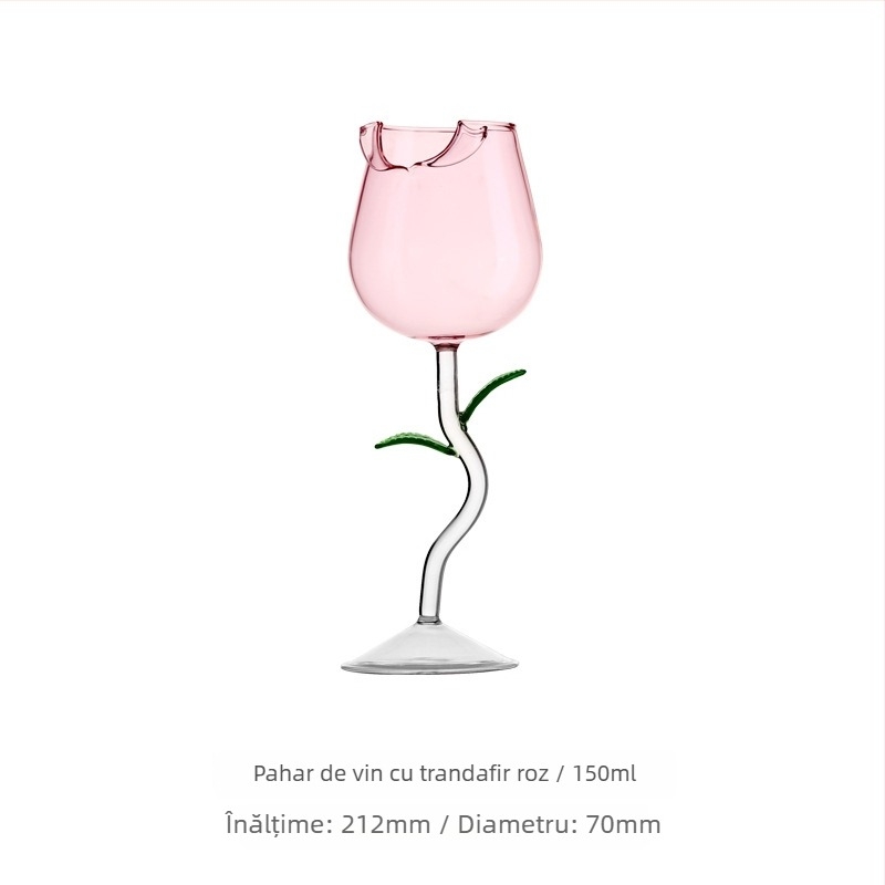 Set de pahare de vin din sticlă, în stil INS, cu motiv de trandafir și imprimare a siglei.