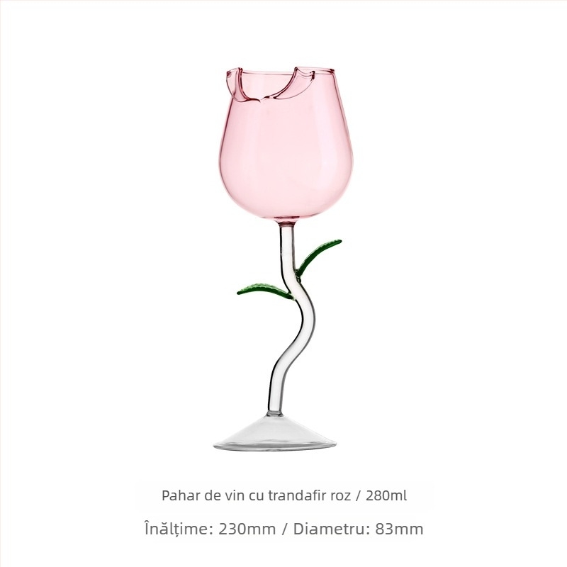 Set de pahare de vin din sticlă, în stil INS, cu motiv de trandafir și imprimare a siglei.