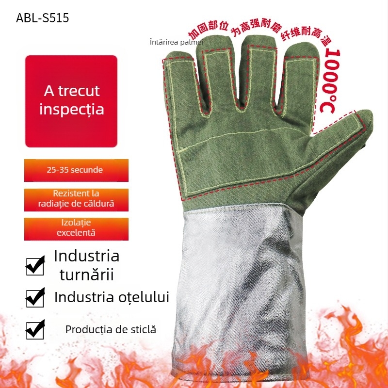 Ambery ABL-S515 mănuși pentru temperaturi înalte – izolație până la 1000°C, folie de aluminiu, rezistență la tăiere, ignifuge, amestec aramidă și fibră de carbon