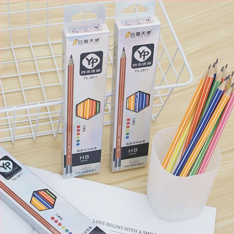 Creioane HB hexagonale, 12 bucăți, pentru elevi din clasa a II-a, grafit HB, cutie din lemn natural