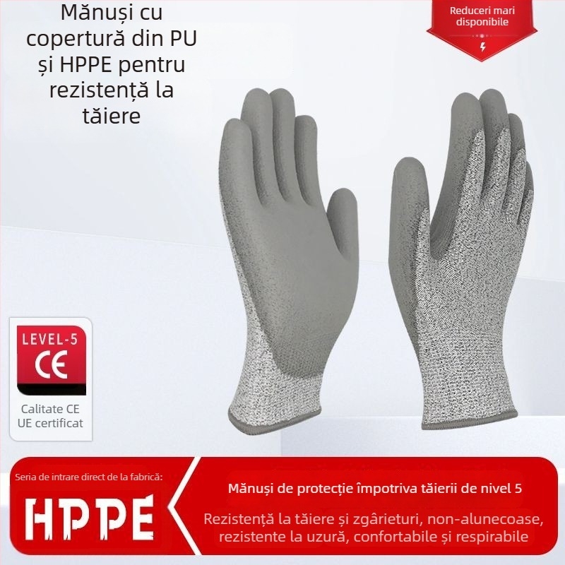 Mănuși anti-tăiere nivel 5 | Material HPPE+PU | Brand Xingyu | pentru grădinărit zilnic și manipularea sticlei