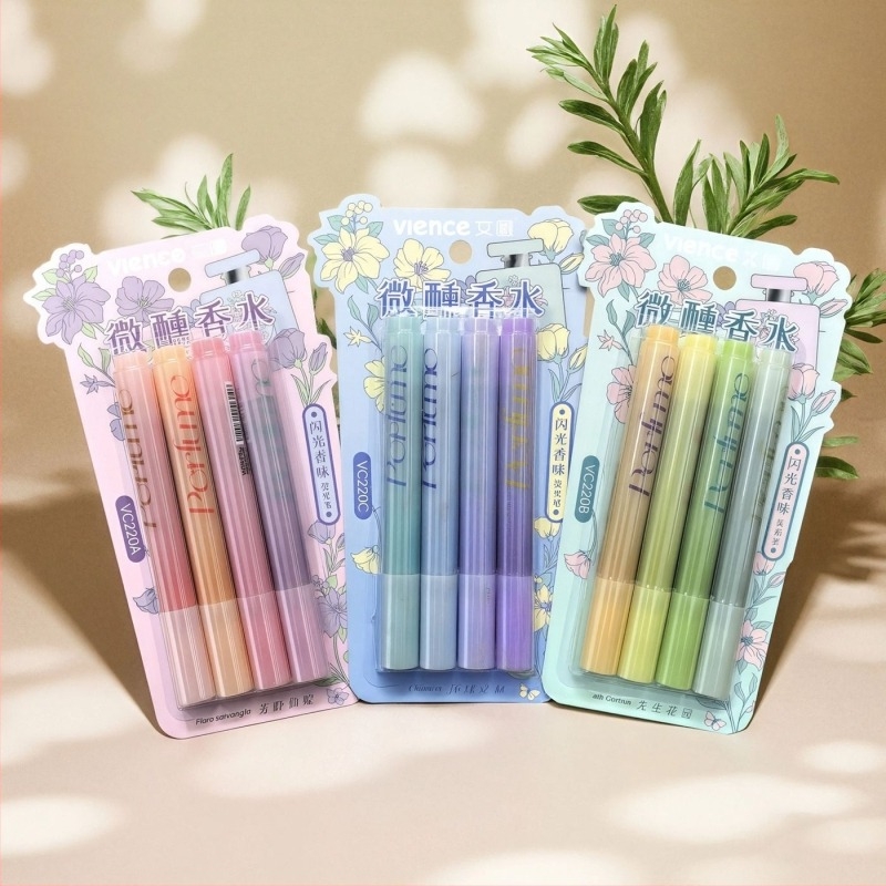 Wenxi Marker iluminator cu parfum, set de 4 buc., vârf oblic, vârf rigid, corp din plastic