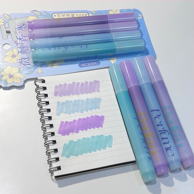 Wenxi Marker iluminator cu parfum, set de 4 buc., vârf oblic, vârf rigid, corp din plastic