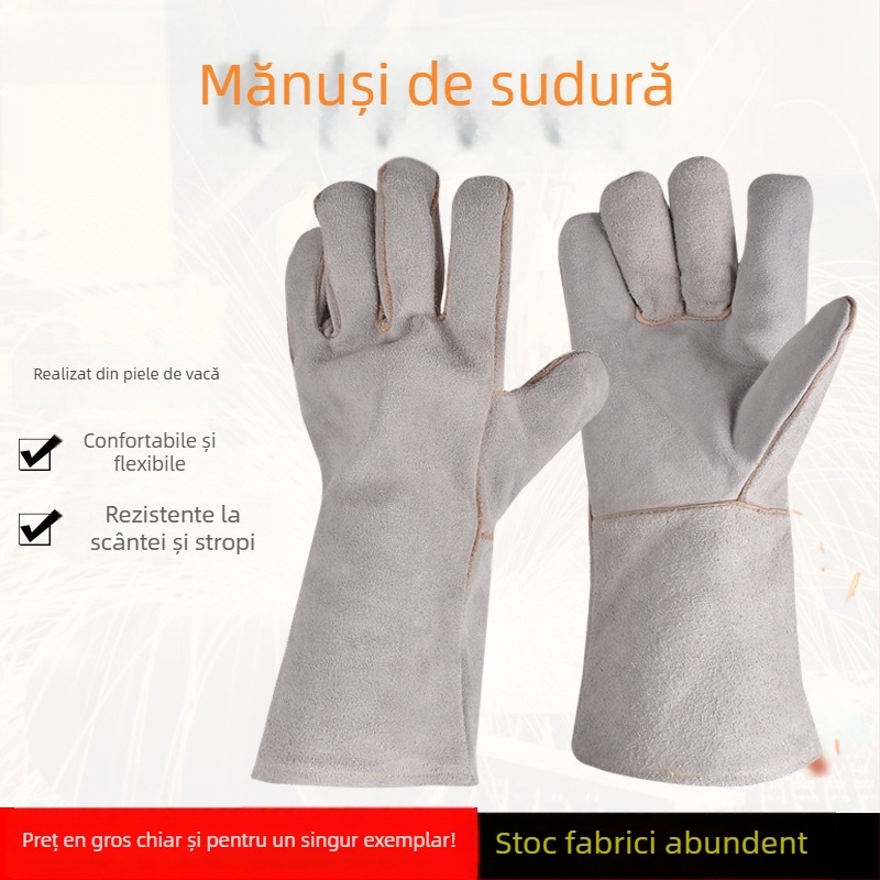 Mănuși de sudură Jin Cheng, din piele de vită, manșetă lungă, izolație termică