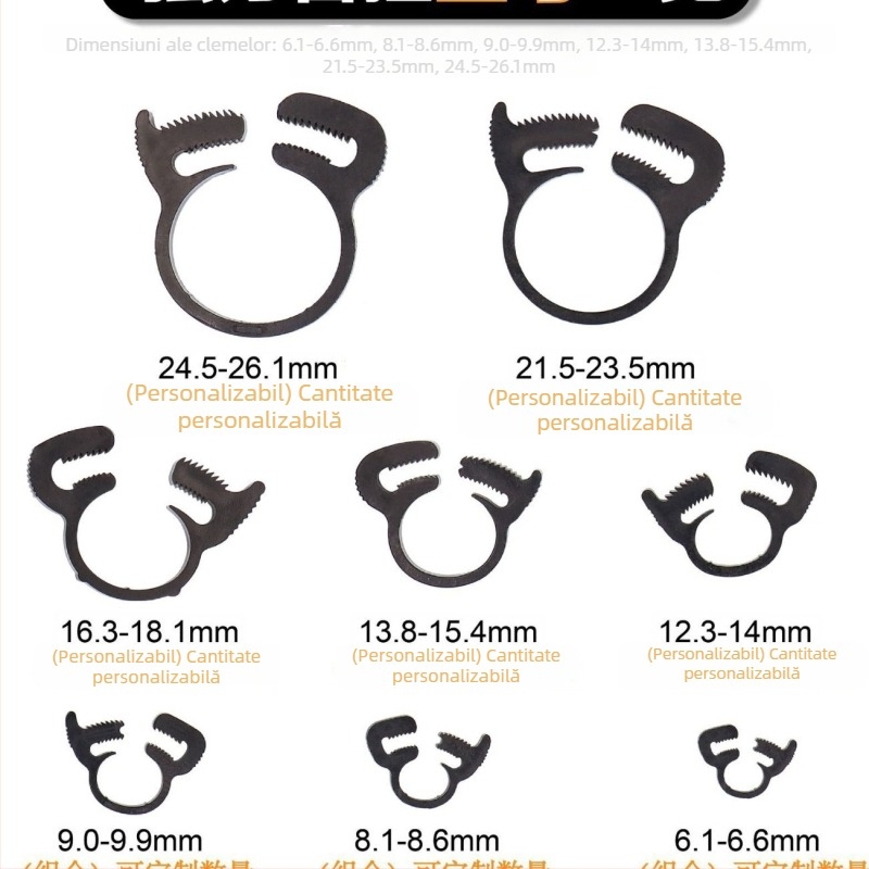 Clamă din nylon pentru țevi și furtunuri, diametru nominal 26.1 mm, diametru de prindere 6.1–24.5 mm, interval de aplicare 6.1–24.5 mm