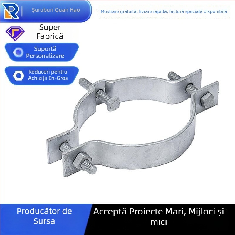 Inel plat din fier pentru fixare, galvanizat la cald, pentru panouri publicitare și indicatoare rutiere, brand Quan Hao; diametru nominal 8–16 mm; diametru de fixare 12–700 mm; aplicație: energie fotovoltaică