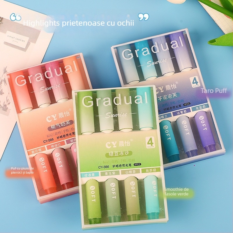 Marker de evidențiere cu vârf moale, set de 4 bucăți, capacitate mare, ambalaj în cutie