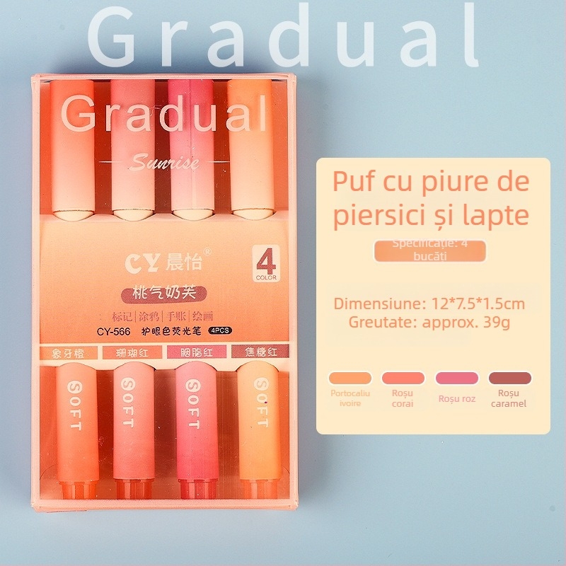 Marker de evidențiere cu vârf moale, set de 4 bucăți, capacitate mare, ambalaj în cutie