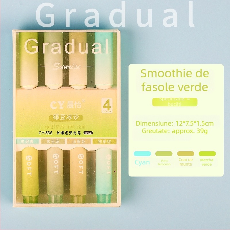 Marker de evidențiere cu vârf moale, set de 4 bucăți, capacitate mare, ambalaj în cutie