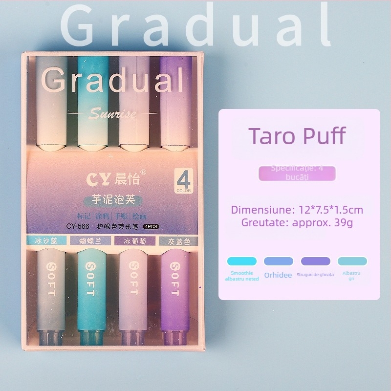 Marker de evidențiere cu vârf moale, set de 4 bucăți, capacitate mare, ambalaj în cutie