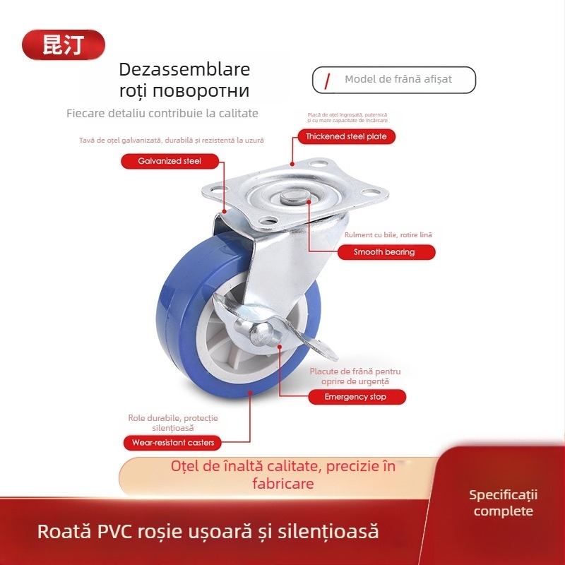 Roată pivotantă din PVC ușoară pentru mobilier, cu rulment dublu, structură din fier+PVC, design modern