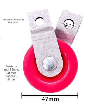 Roată ghidaj din fier aluminizat, diametrul exterior 47 mm, diametrul axului 47 mm, raza canelurii pentru frânghie 8 mm.