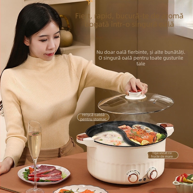 Oală electrică multifuncțională 3 în 1 pentru prăjit, gătit și aburi – putere sub 800 W, corp din sticlă borosilicat de înaltă calitate, recipient interior din porțelan cristal, potrivită pentru 3–4 persoane